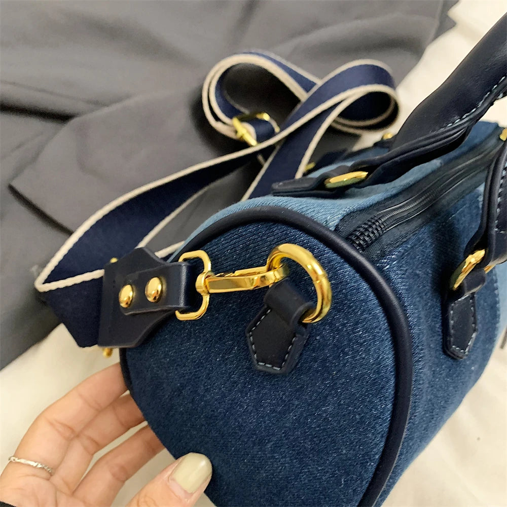 Patchwork Colorblock Mini Handbags For Women Denim Shoulder Cross Body Bags Casual Street Small Boston Bag 2024 Designer Purses