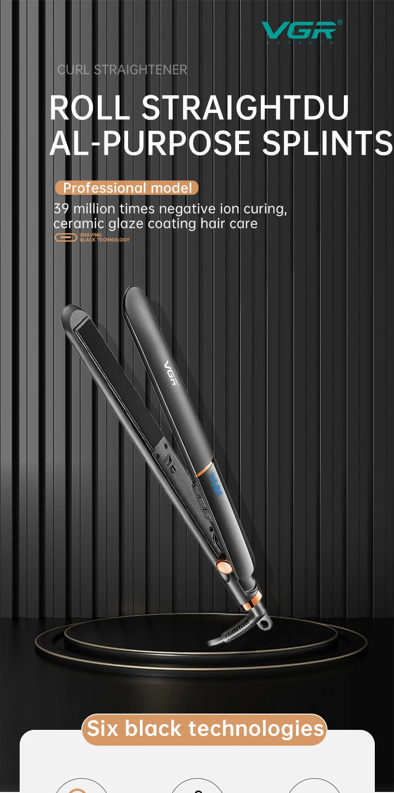 VGR Electric Hair Brushes Ceramics Curling Iron Black Dryer And Straightening Brush Hair Styling Brush 45