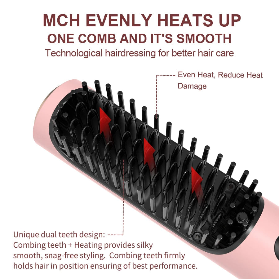 LED Hair Straightener Brush - Cordless Hot Air Styling Comb w/ Ceramic Ion Tech, Adjustable Temp & USB-C Fast Charge