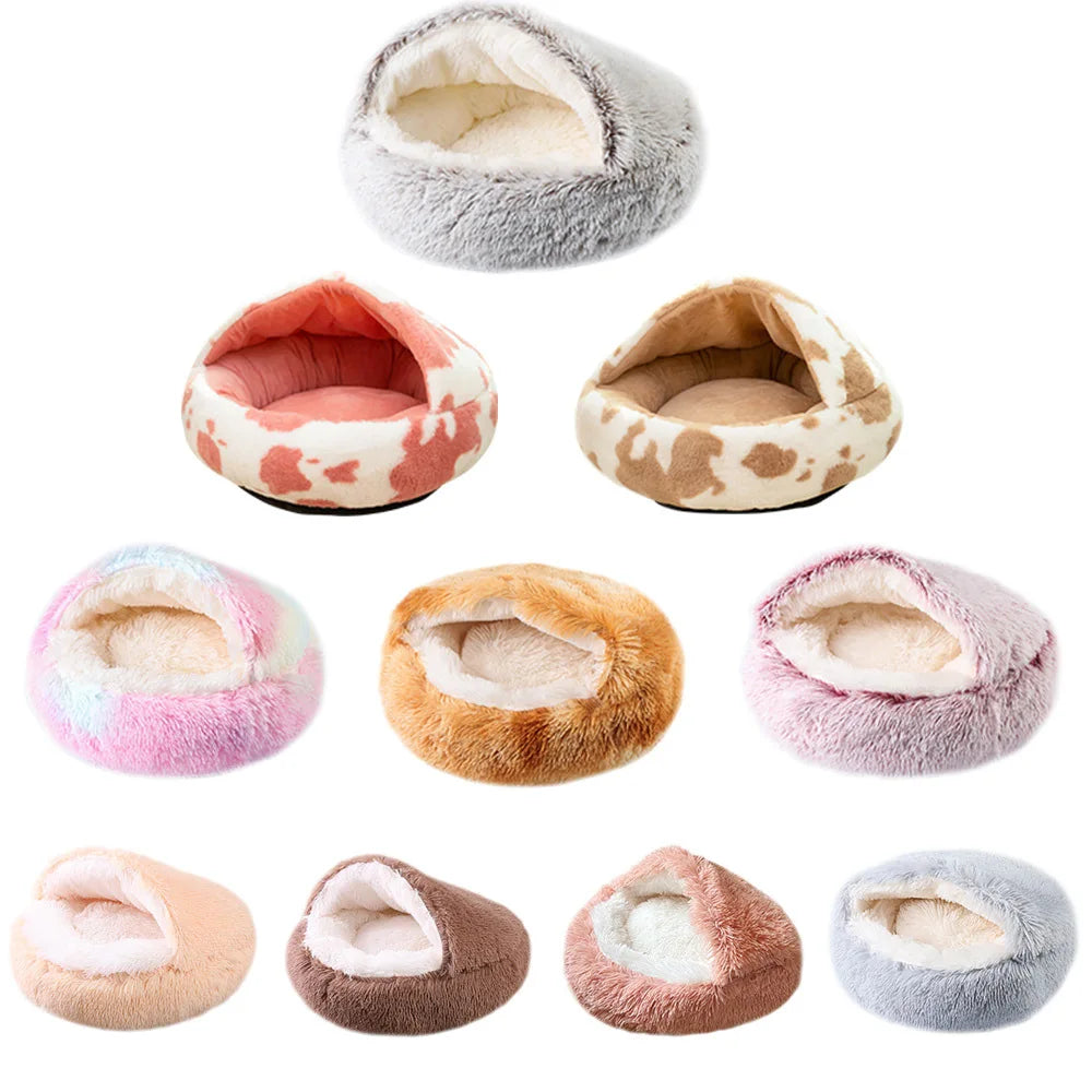 Snooze Cat Bed Round Plush Fluffy Hooded Cozy Cat Bed Cave for Indoor Donut Self Warming Small Dog Bed Anti-anxiety for Winter