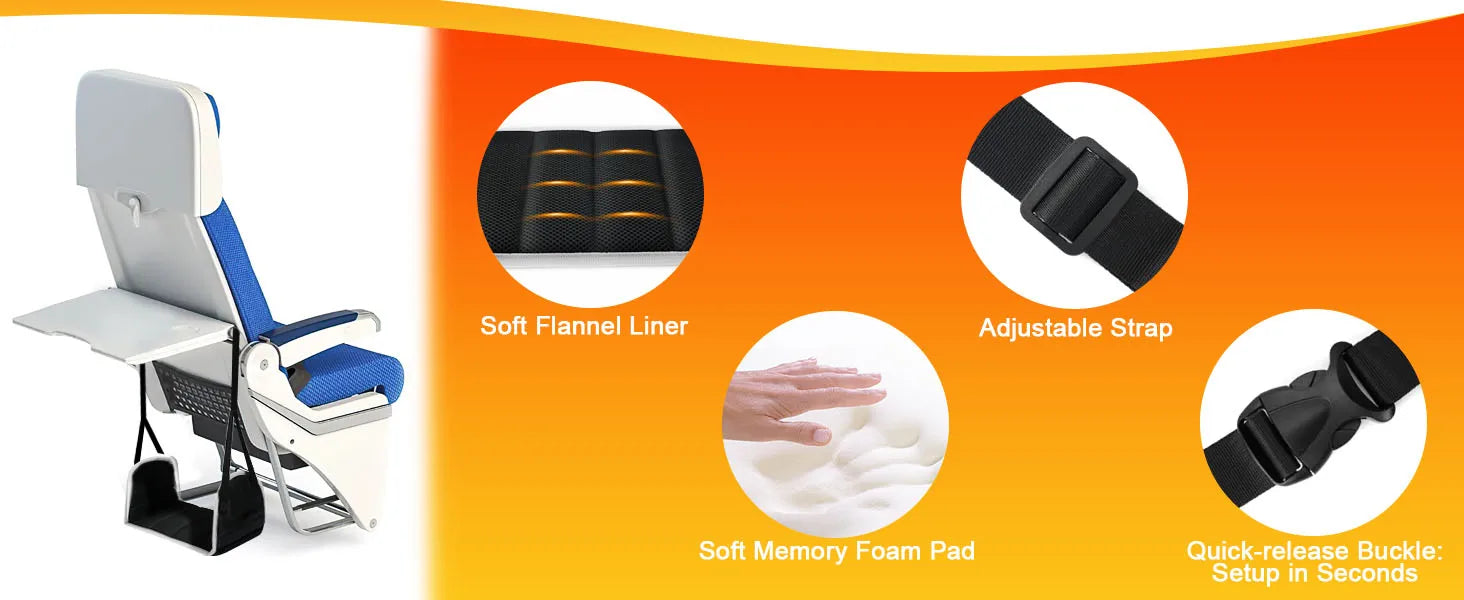 Airplane Foot Hammock Adjustable Foot Rest by Thicked Memory Cotton Filling, Travel Essentials with Removable Support Plates