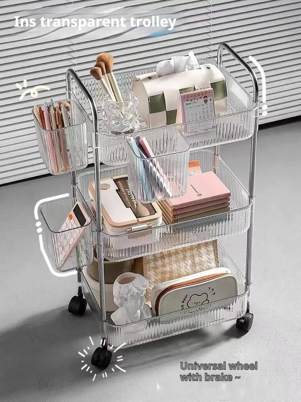 3 Layers Transparent Storage Rack Trolley Acrylic Rolling Cart with Hanging Basket Bathroom Acrylic Makeup Bookshelf organizer