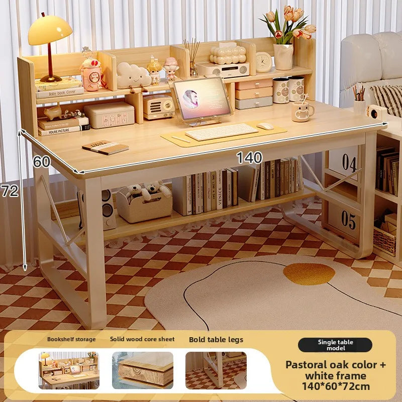 Solid Wood Computer Desk Household Desk Bookshelf Integrated Student Learning Desk Rental House Simple Office Table and Chair