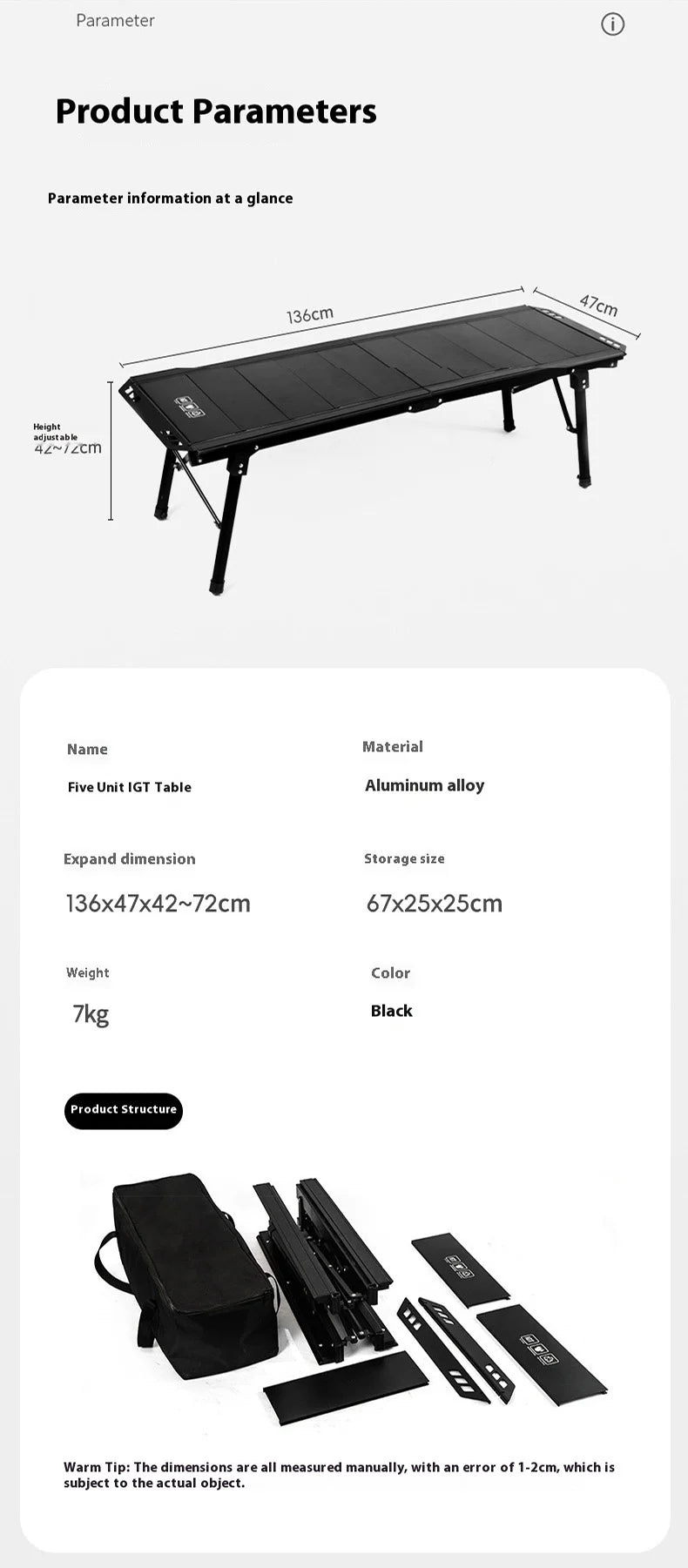 Folding IGT table 5 Unit Lightweight table Backpack roll table Expand adjustable leg desk Desktop burner bbq table