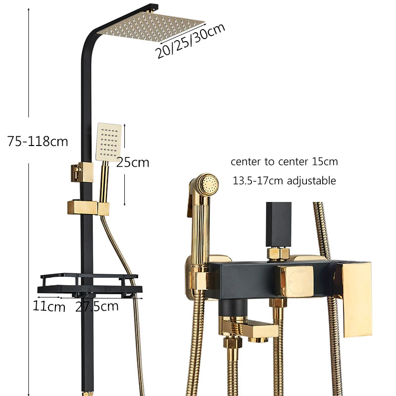 Black Gold Bathroom Shower System Brass Hot Cold Bathroom Faucets Set Accessories 10 Inch Stainless Steel Rain Shower Head
