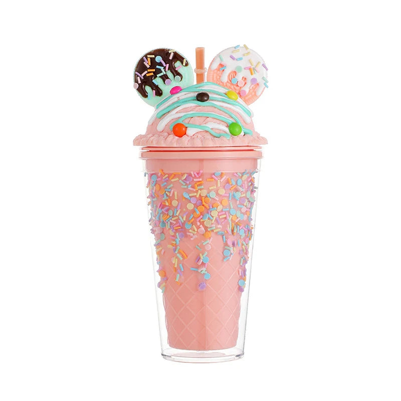 450ml Cute Straw Cup,Ice Cream Lids for Stanley Tumbler,Reusable Plastic Cups,Summer Drinkware Cold Brew,Girl Water Bottle Gift