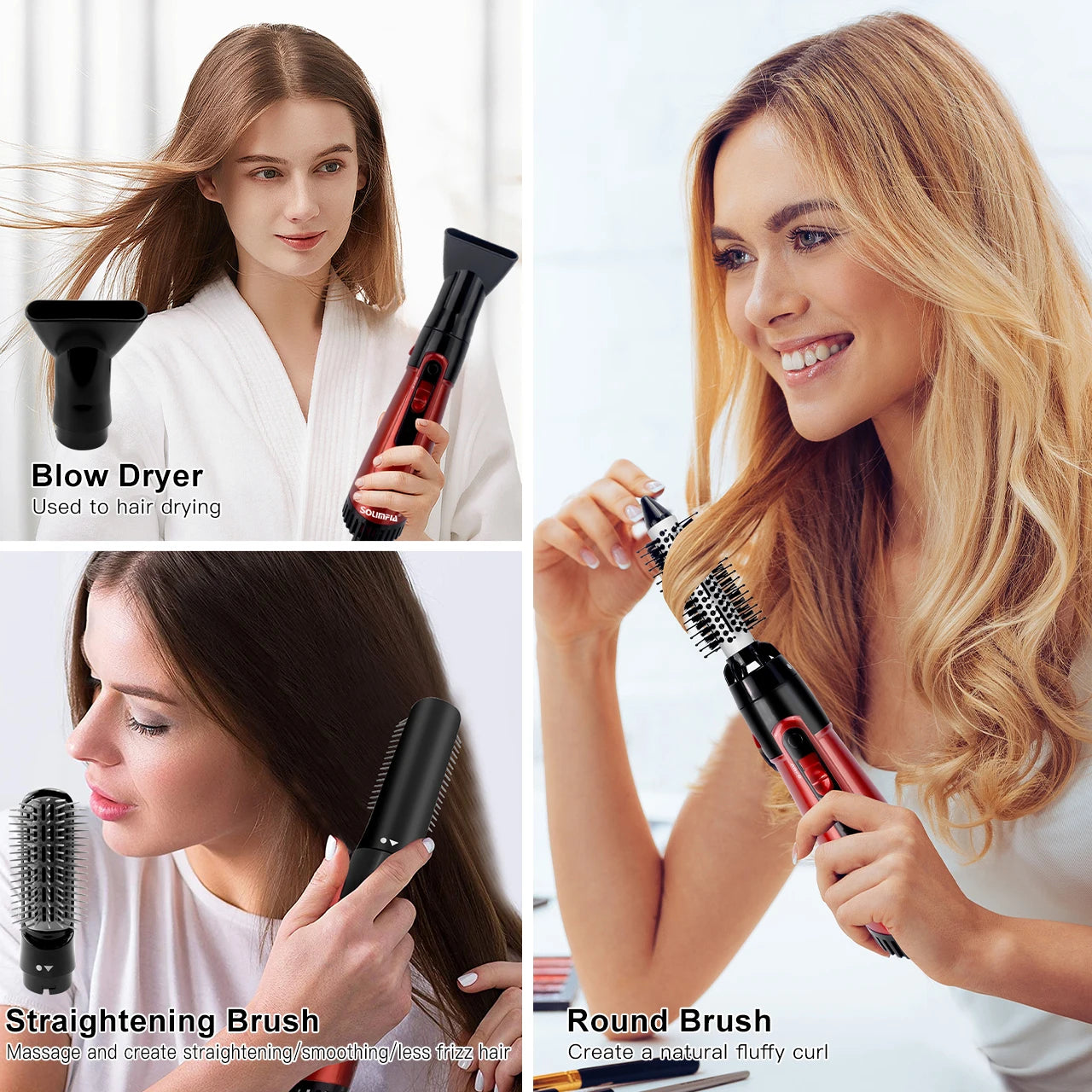 Solimpia 3-Head Hot Air Brush Hair Dryer Strong Wind Electric Straightener Curler Roller Comb Blower Styling Tool for Woman 800W