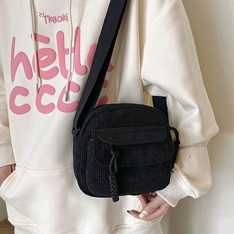 Vintage Harajuku Corduroy Crossbody Bag, Casual Japanese Style Handbag Shoulder Bag with Zipper Closure,Chic Everyday Use Purse