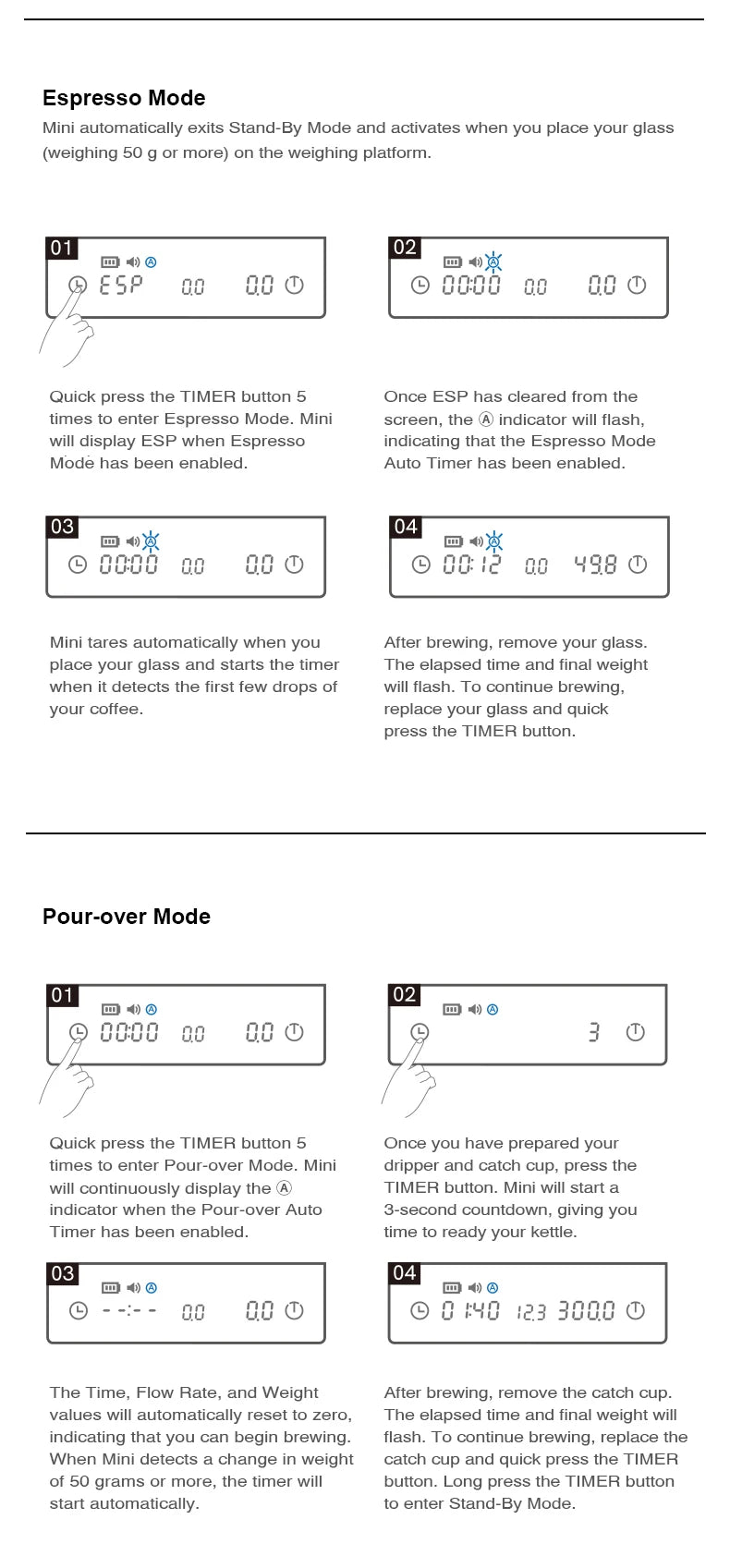 TIMEMORE Black Mirror MINI 0.1g Coffee Scale Espresso And Measurement Flow Rate LED Screen Barista Scales Kitchen