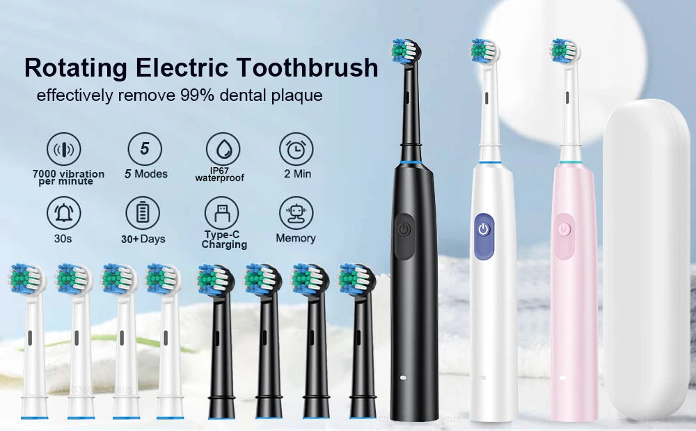 Electric Rotating Toothbrush Deep Clean Whitening Teeth for Adult Ultrasonic Toothbrush with 4/8pcs Refill Replacement Heads