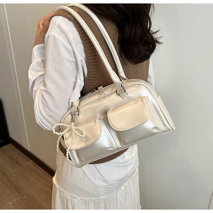 Solid Sewing Thread Fashion Glossy PU Shoulder Bags Baguette Versatile Hand Bags 2025 Hot Sale Bags for Women Bolsas Femininas