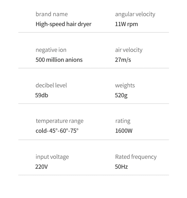 High-Speed Electric Hair Dryer Machine1600W Adjustable Temperature Professional Low Noise Fast Drying Anion Hair Care Blow Dryer