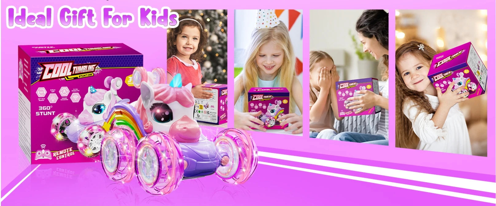 Unicorn Remote Control Car for Girls, 360° Rotating 4WD Stunt RC Cars with Cute Lights, Rechargeable Toys-Kid Birthday Gifts