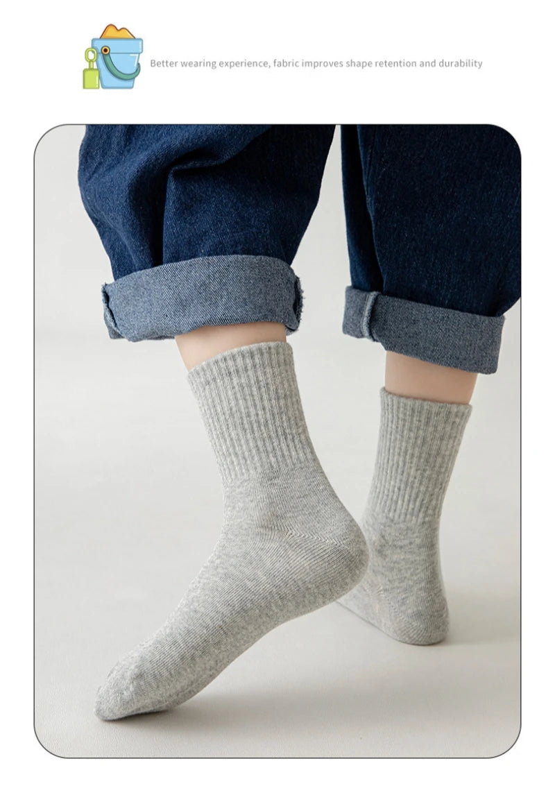 Horetong 5 Pairs Pure Cotton Soft Student Socks Breathable Absorbing Sweat Sport Socks Boys Girls Middle Tube Sock For 3-13 Year