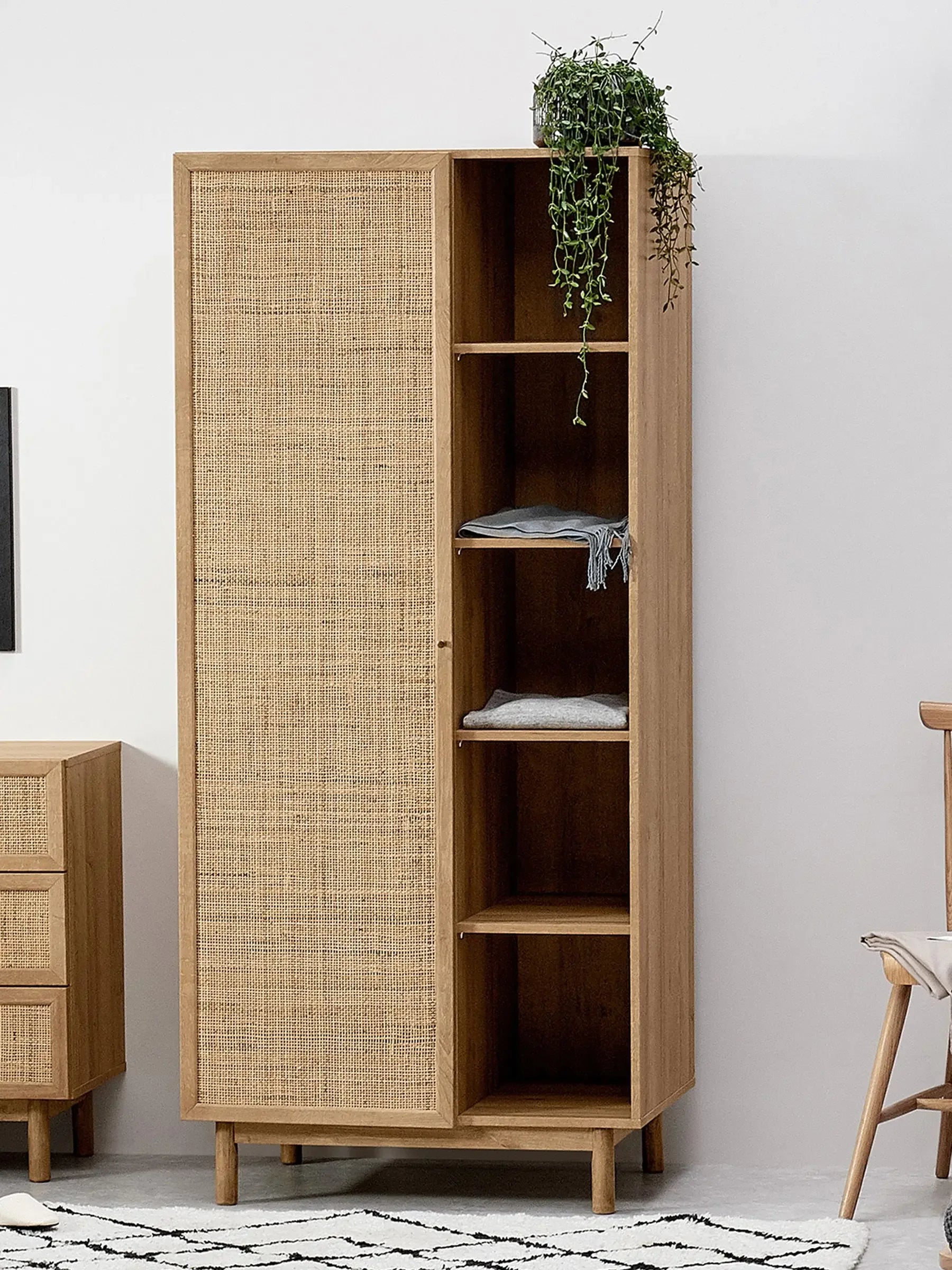 Multipurpose Wooden Living Room Cabinet Wardrobe with Rattan Woven Doors