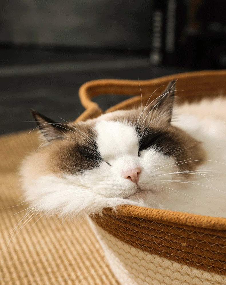 Cat Bed Handmade Rattan Woven Pet Nest Removable Washable Warm Pad All-Season Cat Scratch Board Winter Warm Cat House for Cats