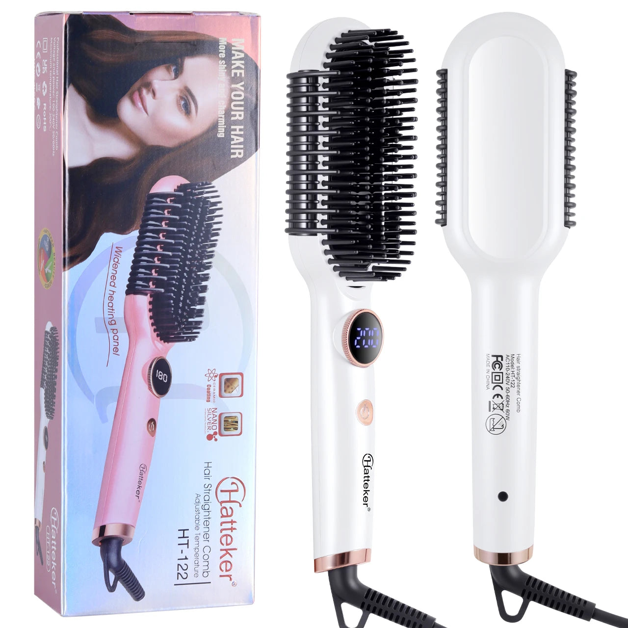 Hatteker Multi-Setting Hair Styling Comb Adjustable Temperature Volumizing Straightening/Curling Brush Hair Straightener Comb