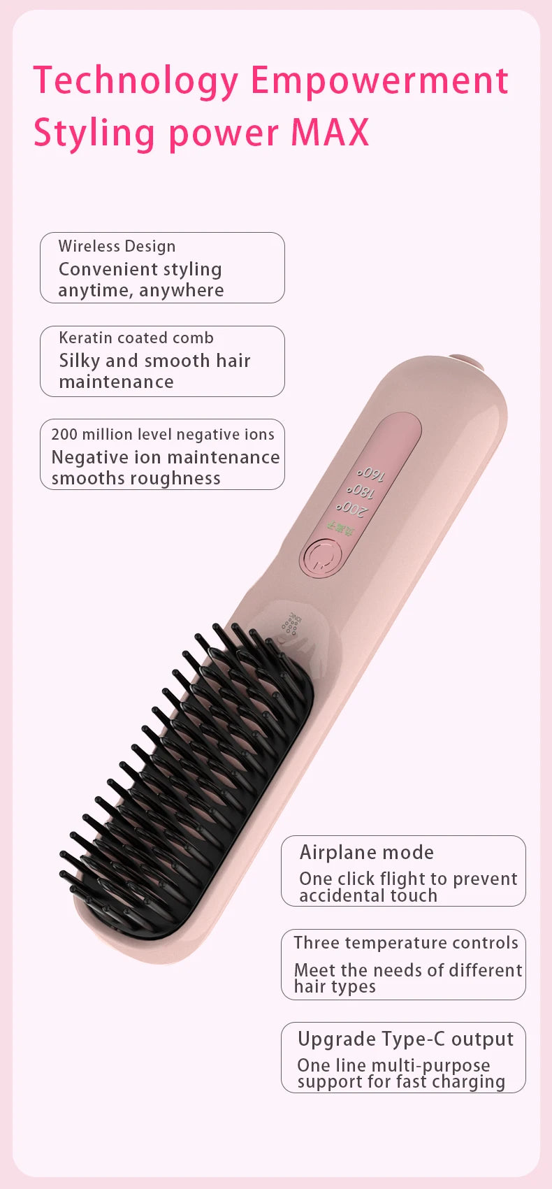 Negative Ion Hair Straightening Brush,360° Flexible Teeth,Fast Heat with 3 Adjustable Temperatures,Safe Anti-Scald Protection
