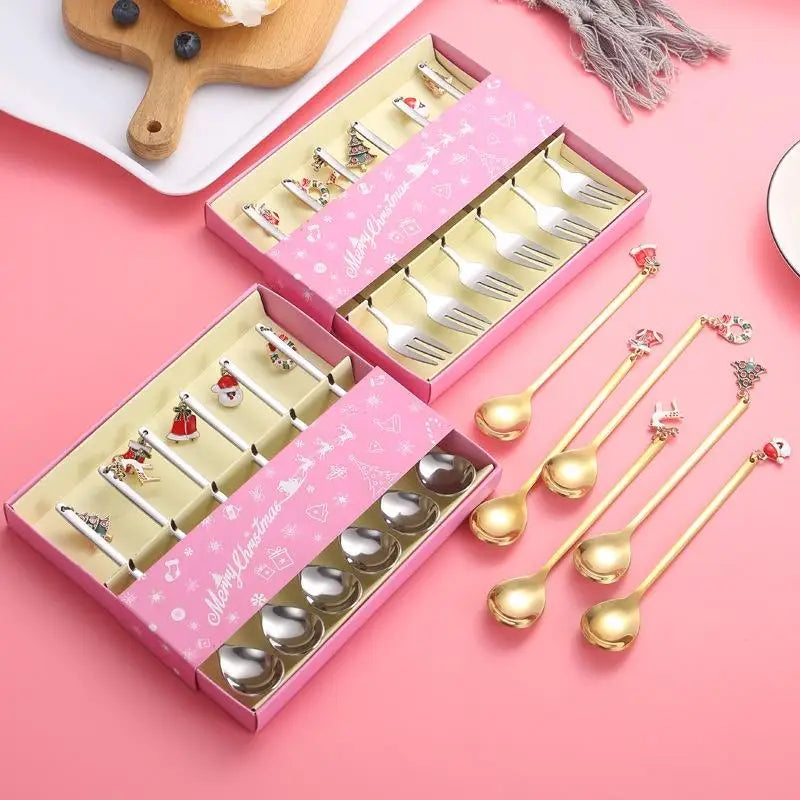 6PCS Christmas Spoons Coffee Cutlery Set Stainless Steel Cutlery Set Dessert Spoon Forks Christmas Gifts Elk Christmas Decoratio