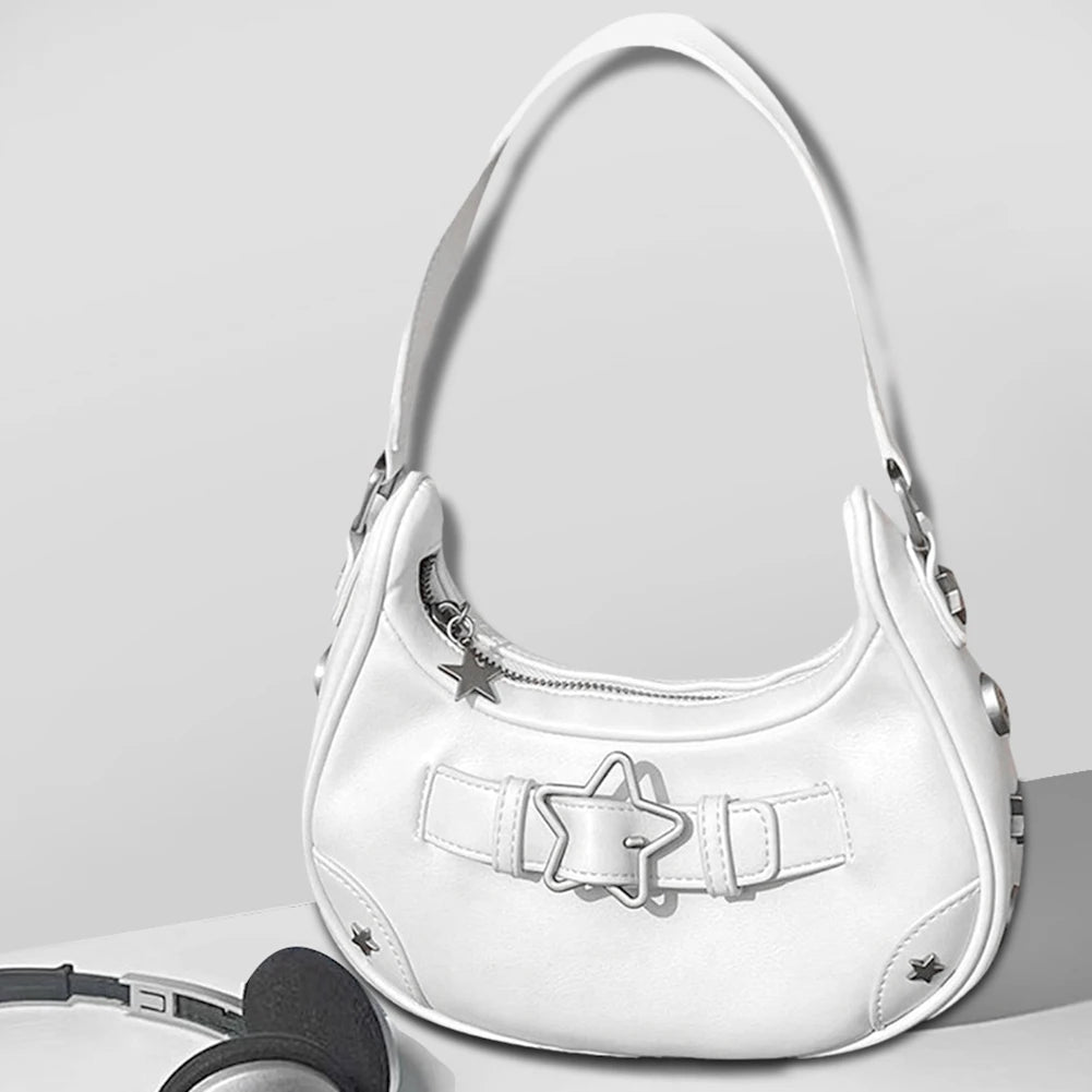 Women Shoulder Handbag Vintage Y2K Casual Hobos Zipper Star Decor Solid Color Gift for Girls Ladies Purse Tote Bag
