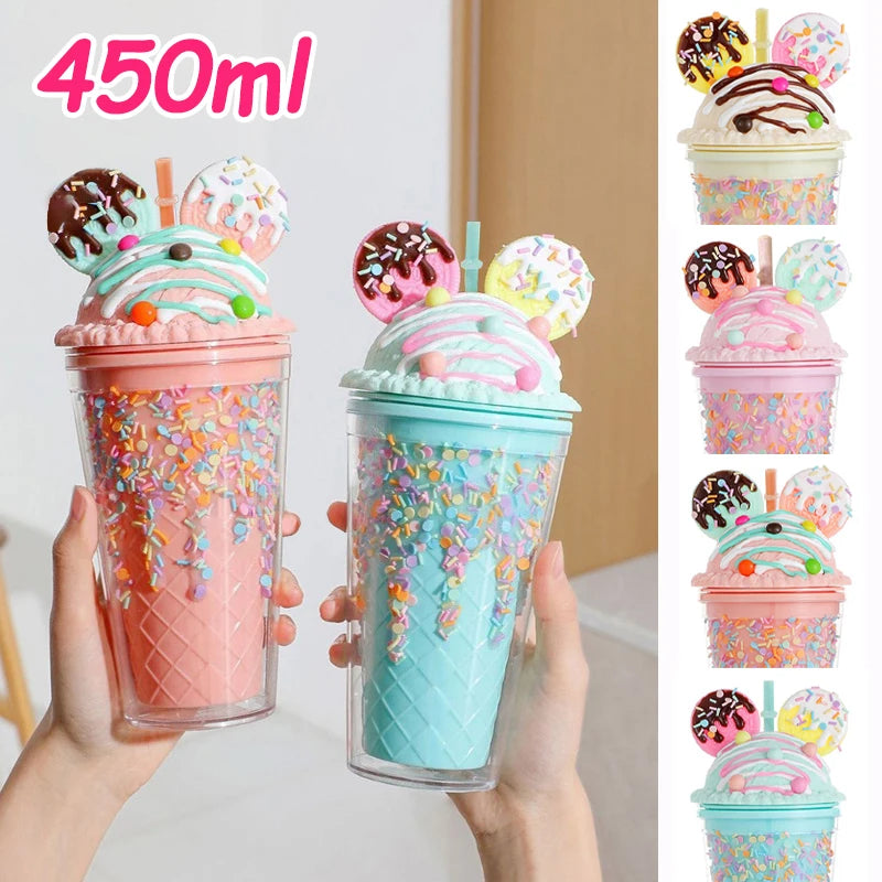 450ml Cute Straw Cup,Ice Cream Lids for Stanley Tumbler,Reusable Plastic Cups,Summer Drinkware Cold Brew,Girl Water Bottle Gift