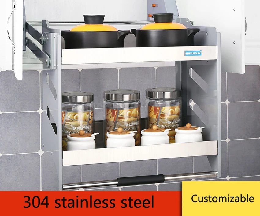 Wall Cabinet Lift Pull Basket Kitchen Cabinet Stainless Steel Drawer Baskets Seasoning Bottle Storage Racks Load weight 30kg
