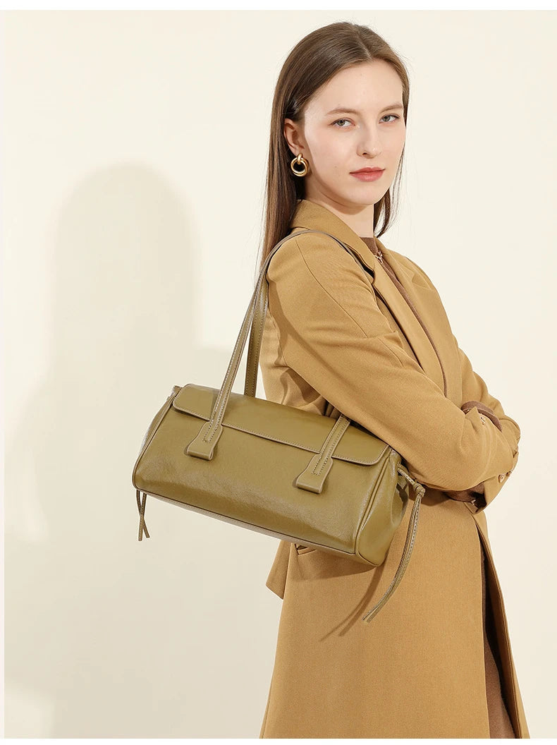 2025 New Genuine Leather Women's Shoulder Bag Large Capacity Cowhide Luxury Handbag Long Strip Black Baguette Bag Female