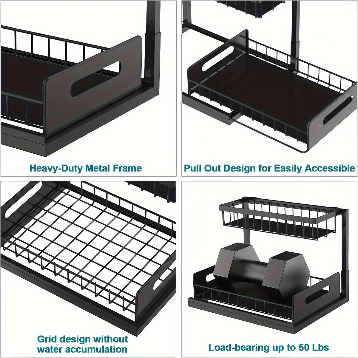A 2-tier sewage storage box with a sliding pull-out cabinet storage rack and a metal sliding drawer.