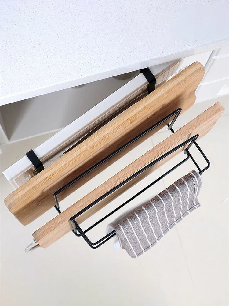 Cutting Board Kitchen Shelf, Double-Layer Perforation-Free Cabinet Hanger, Rag, Cutting Board Storage And Finishing Iron Hanger