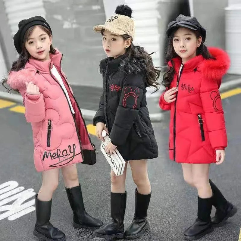 5-14 Years Old Winter Boys Girls Jacket Long Style Hooded Fur Collar Colorful Heavy Coat For Kids Children Outerwear