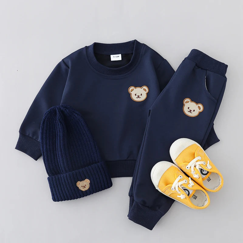 2PCS Children's Set Spring and Autumn Simple Little Bear Head Round Neck Long Sleeve Pants