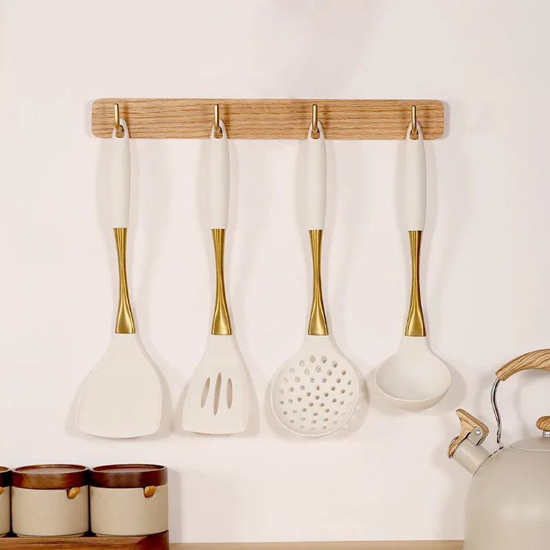 8-Piece Silicone Kitchen Utensil Set with Wooden Handles, Non-Scratch Spatula, Spoon, Tongs, Whisk & Brush for Cooking & Baking