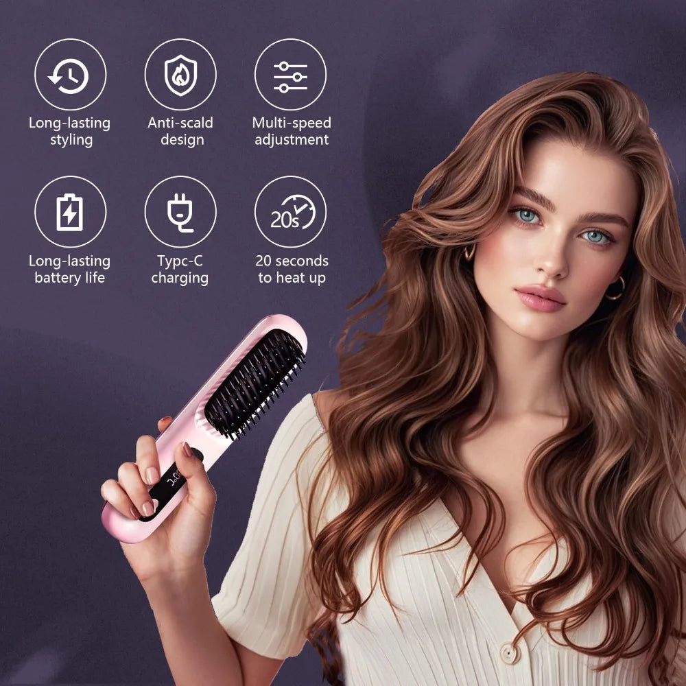 Portable Straightener Brush& Curler 2-in-1– Cordless Comb with Negative Ion,4000mAh Fast Heating&Portable Travel
