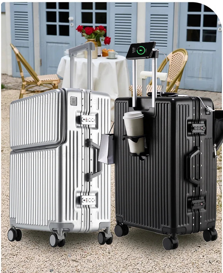 Aluminium Frame Rolling Luggage with Cup Holder Mobile Phone Holder Front Opening Suitcase Large capacity Travel Suitcase