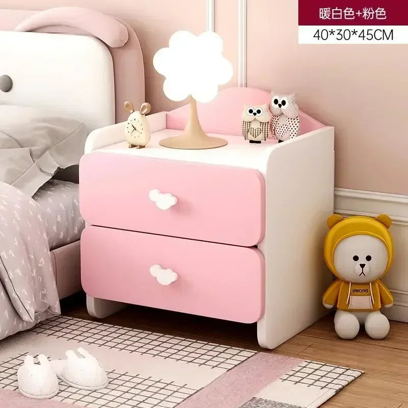 Modern Nightstand with Double Drawers Cute Kid's Bedside Table Multi-Functional White Cabinet for Girls' Bedrooms
