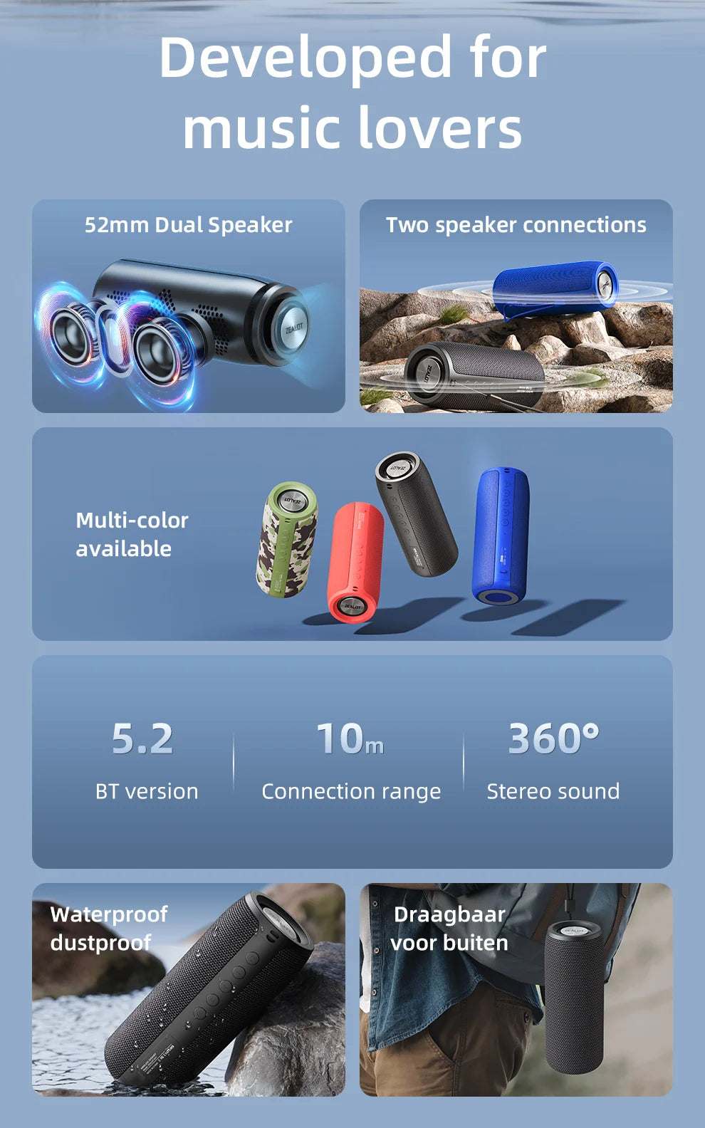 ZEALOT-S51 Powerful Bluetooth Speaker Bass Wireless Speakers Subwoofer Waterproof Sound Box Support TF, TWS, USB Flash Drive