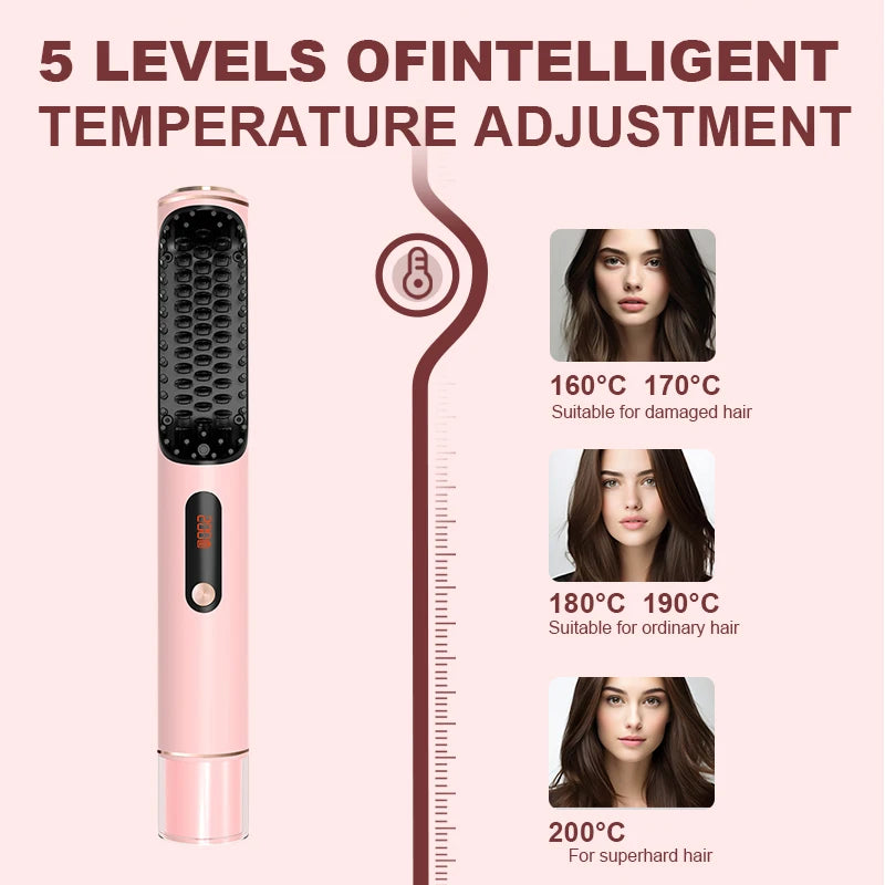 LED Hair Straightener Brush - Cordless Hot Air Styling Comb w/ Ceramic Ion Tech, Adjustable Temp & USB-C Fast Charge