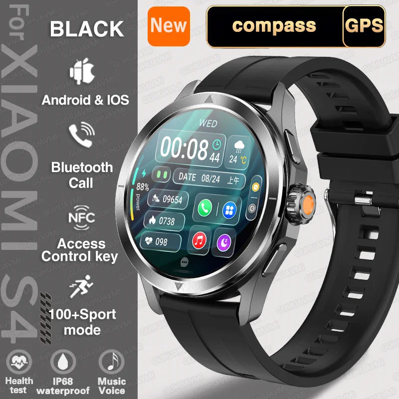 2025 New S4 Ultra Outdoor Sport Smart Watch Men AMOLED HD Screen NFC GPS Compass Heart rate Waterproof Bluetooth Call SmartWatch