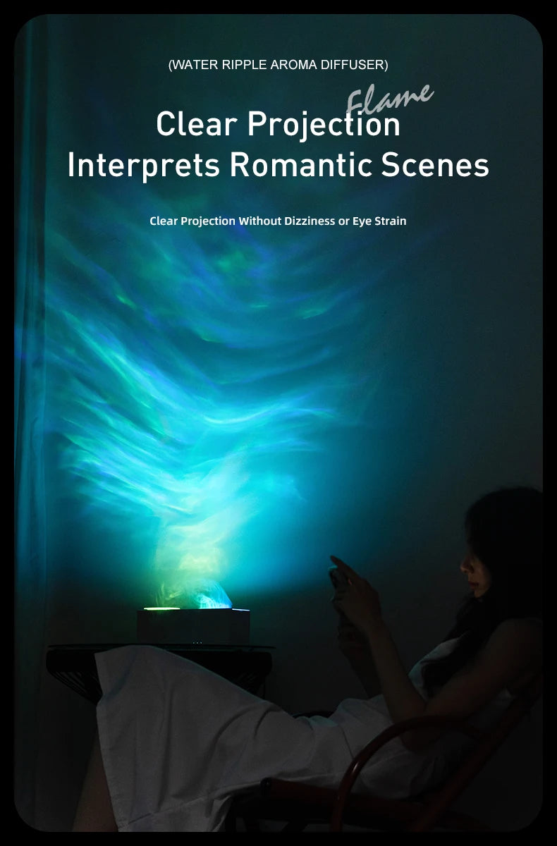 7 Colors Flame Aroma Diffuser with Rippling Water Wave Projector Lamp, 150ml USB Desktop Aromatherapy Air Humidifier for Home