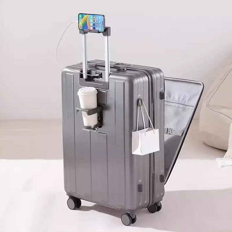 Multifunction Large Capacity Luggage Business Carry on Boarding USB Charging Cup Holder Front Opening Lid Trolley Suitcase