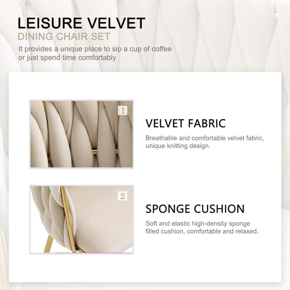 Velvet Dining Chairs Set of 2, Woven Upholstered Dining Chairs with Gold Metal Legs, Modern Accent Chairs for Living Room,