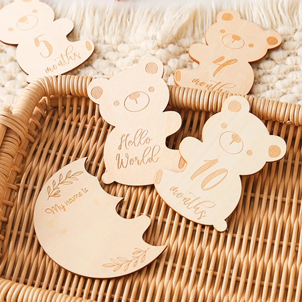 Baby Wooden Milestone Cards Bear Puzzles Memorial Monthly Cards for 0 12 Months Newborn Photography Accessories Birthing Gift