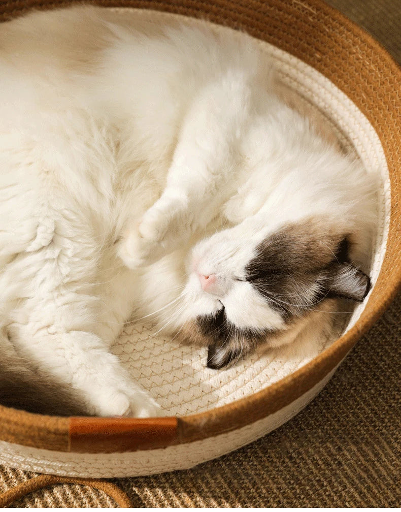 Cat Bed Handmade Rattan Woven Pet Nest Removable Washable Warm Pad All-Season Cat Scratch Board Winter Warm Cat House for Cats