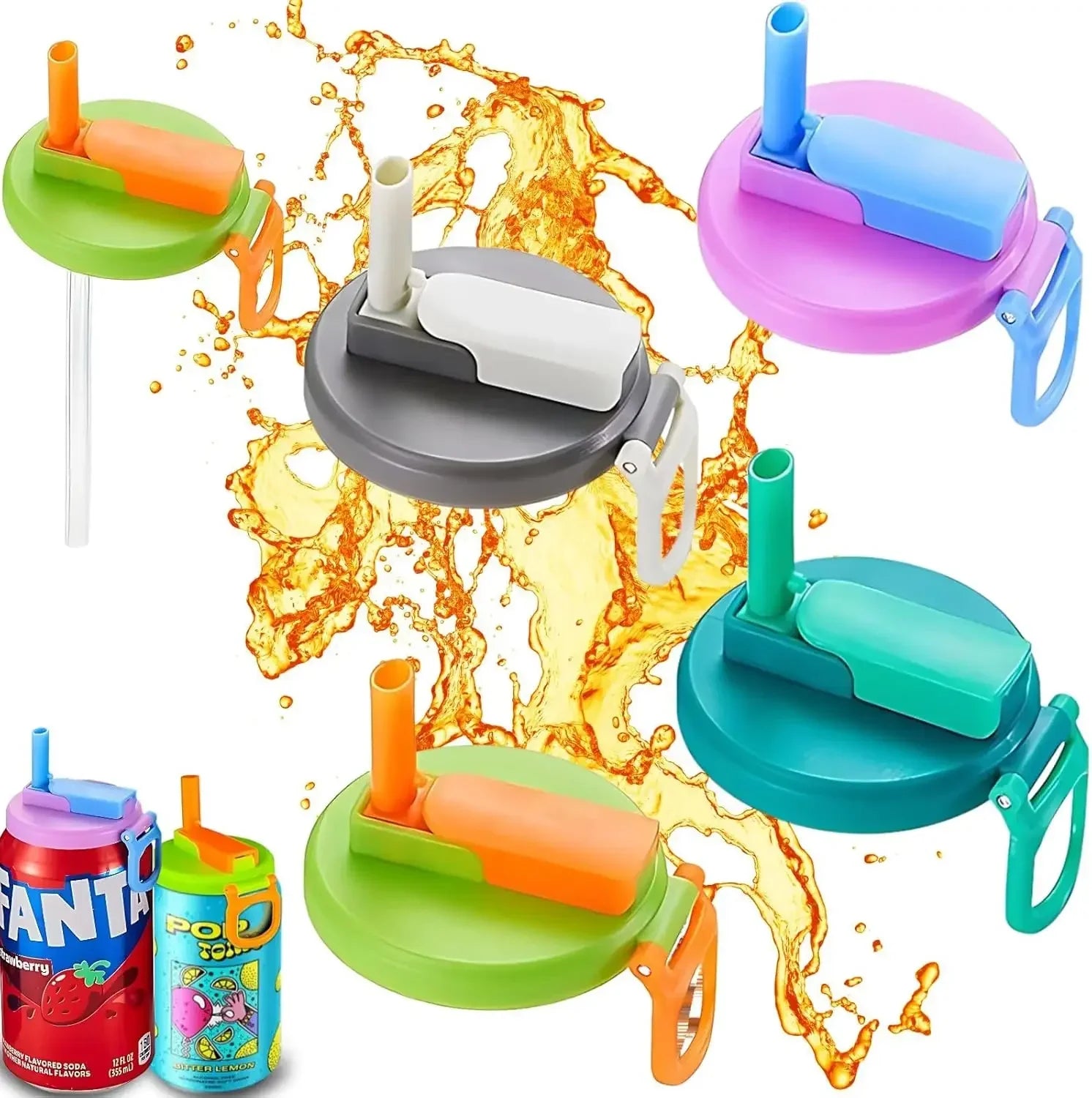 Can Lids With Straws Reusable Silicone Beverage Can Lids Leak-Proof Soda Can Covers With Straws For 2.13” Cans Pack Of 4