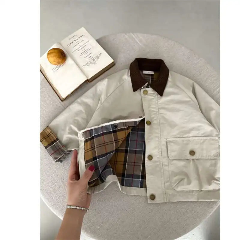 2025 UNITIM Spring Autumn Kids Boys Jacket Plaid Spliced Pocket Long Sleeve Toddler Boys Outerwears Coat Children Boys Jacket