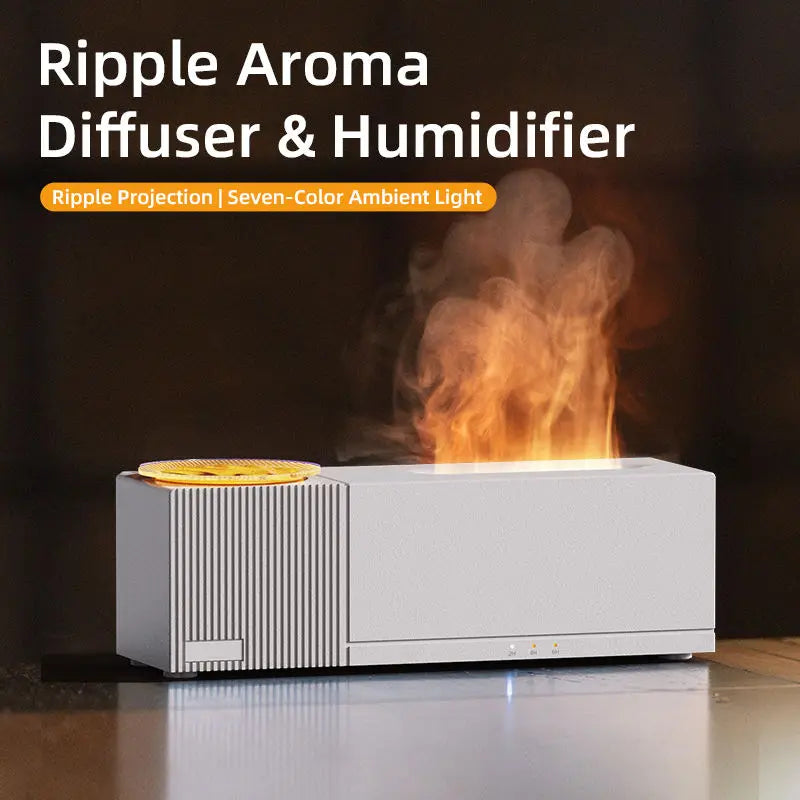 7 Colors Flame Aroma Diffuser with Rippling Water Wave Projector Lamp, 150ml USB Desktop Aromatherapy Air Humidifier for Home