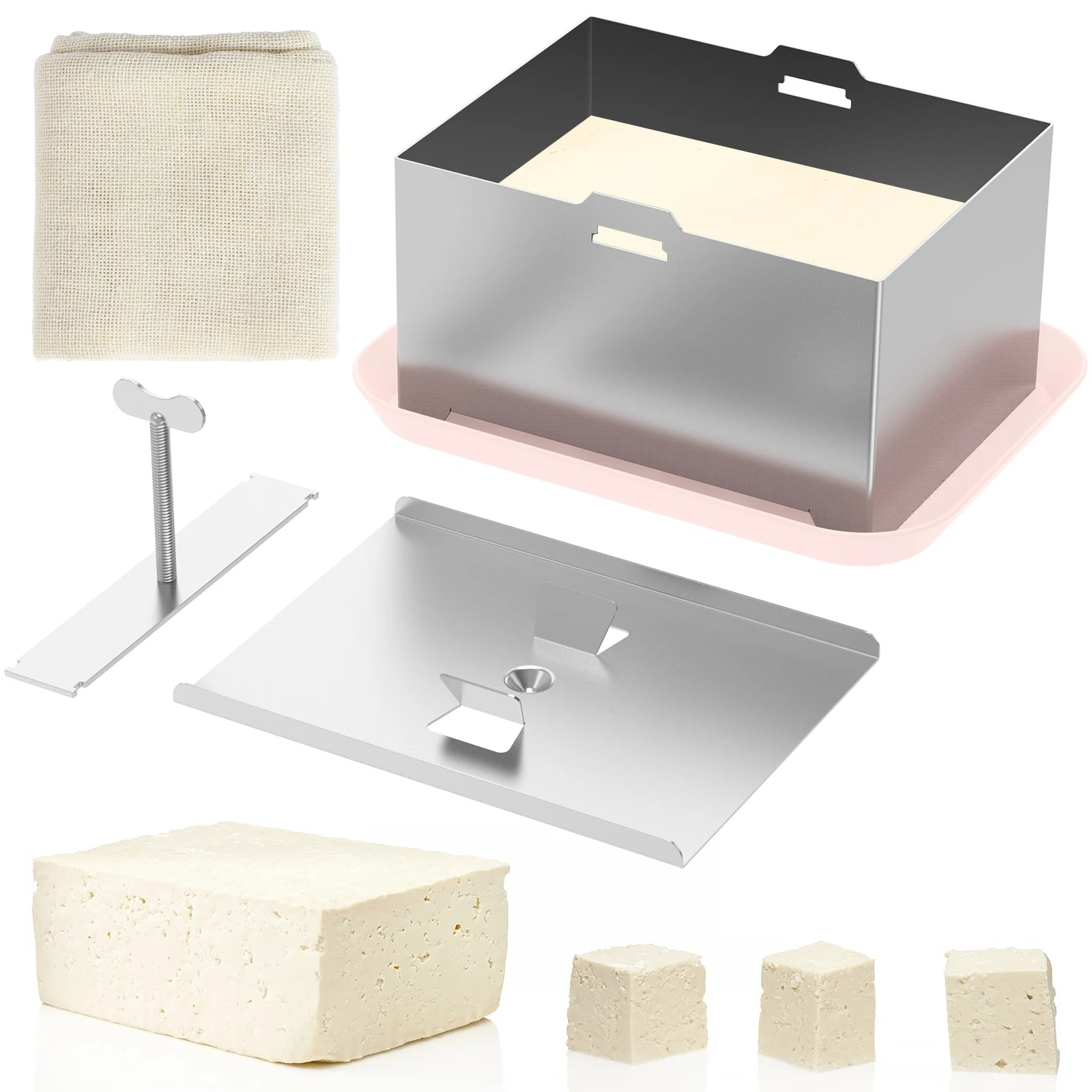 Stainless Steel Tofu Mold and White Cotton Gauze Cheesecloth DetachableSoybean Curd Tofu Making Mold Kitchen Cooking Tool