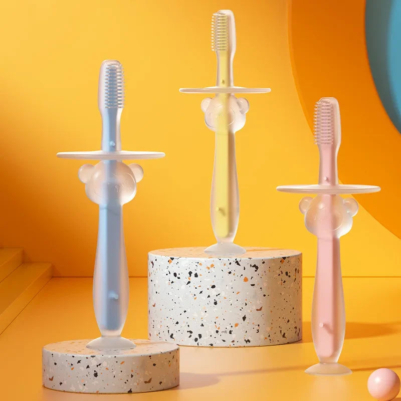 1PC 100% Food Grade Soft Handle Flexible Silicone Rubber Teether Infant Training Baby Toothbrush Factory Price