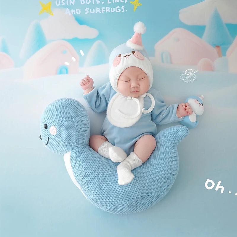 Baby Photography Clothes Cartoon Knitted Jumpsuit With Tail+Hat+Dolls 4pc/Set Newborn Costume Cute Snake Toy Pillow Accessories