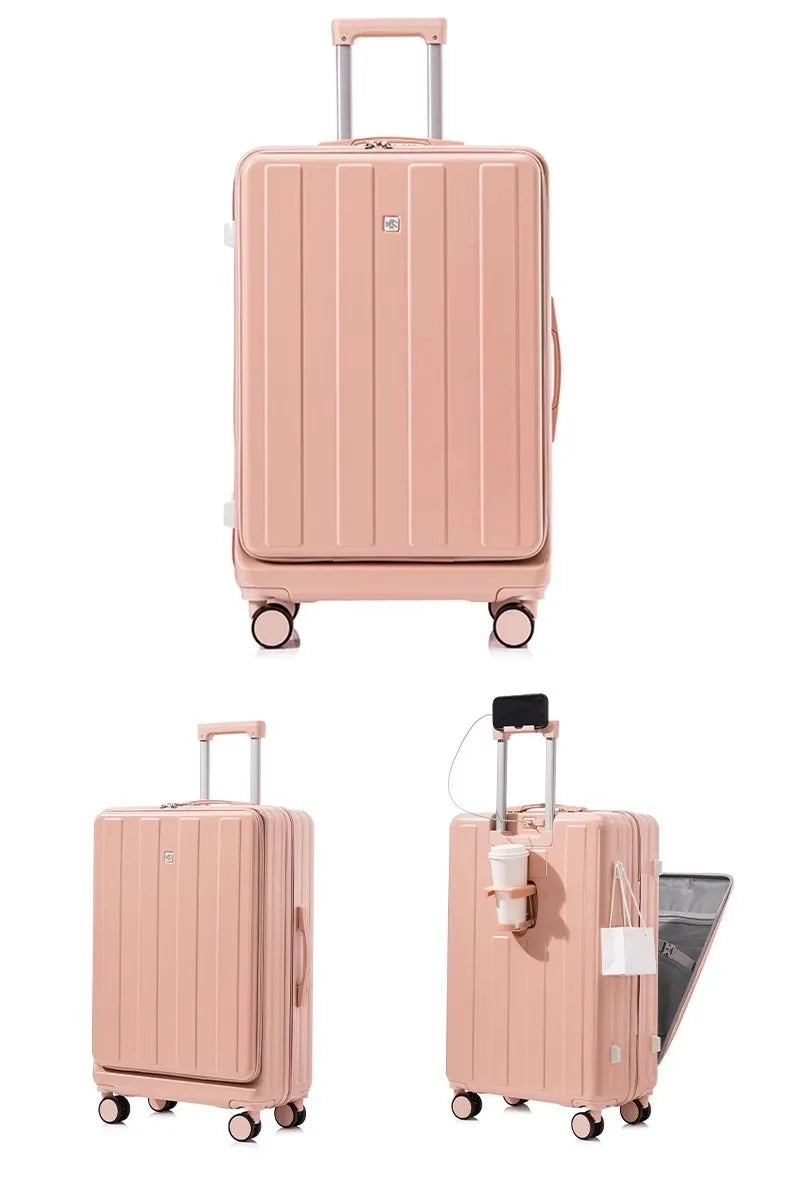 Multifunction Large Capacity Luggage Business Carry on Boarding USB Charging Cup Holder Front Opening Lid Trolley Suitcase